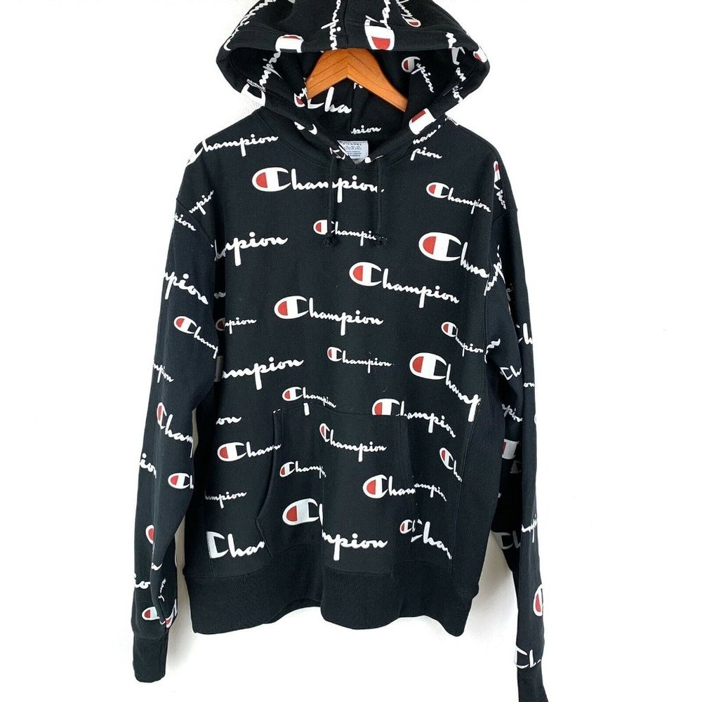 CHAMPION REVERSE WEAVE ALL OVER PRINT SCRIPT HOODIE BLACK MEN’S Sz. XL